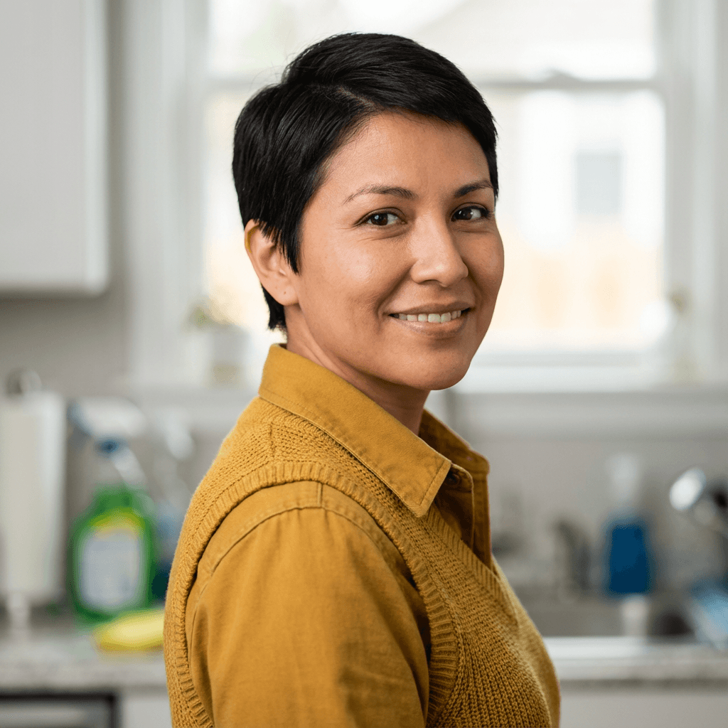 Portrait of a woman in her 30s smiling in a care center lobby
