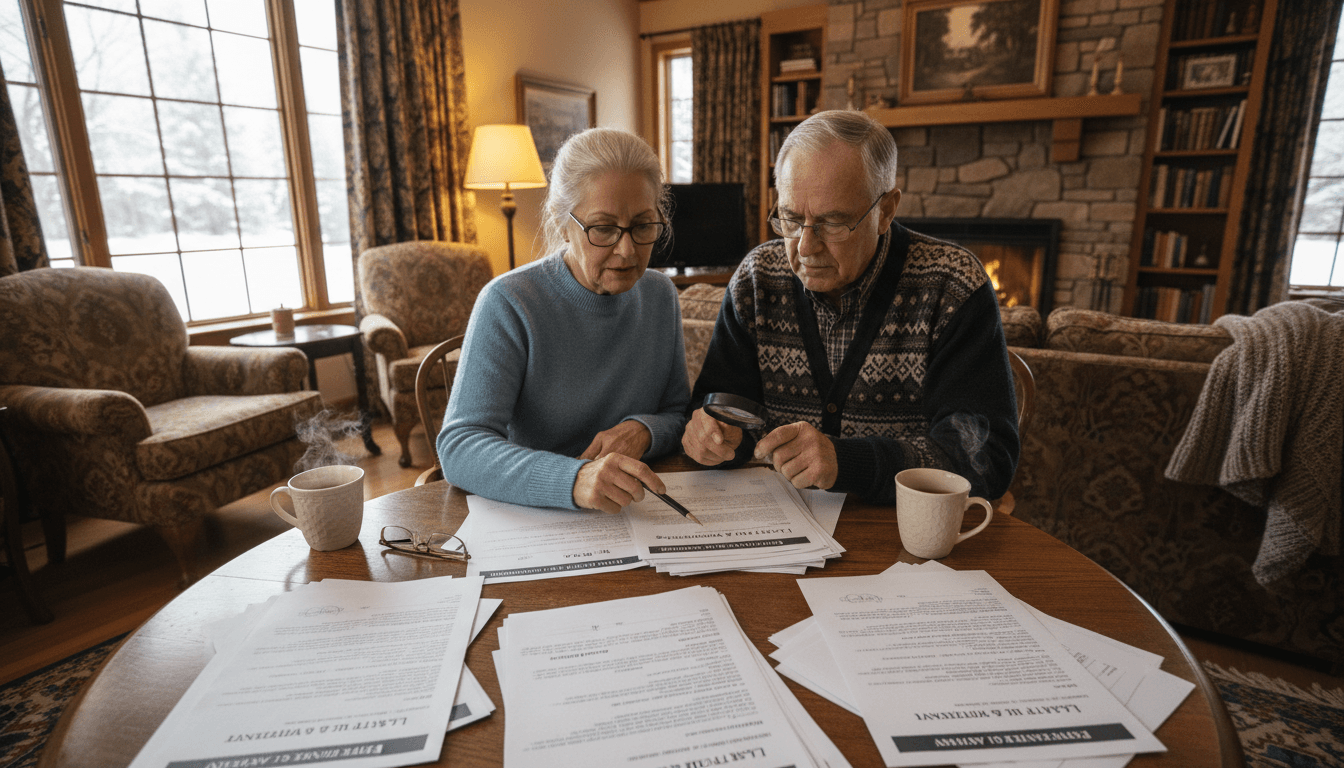 Older couple reviewing legal documents together at a table in a cozy living room