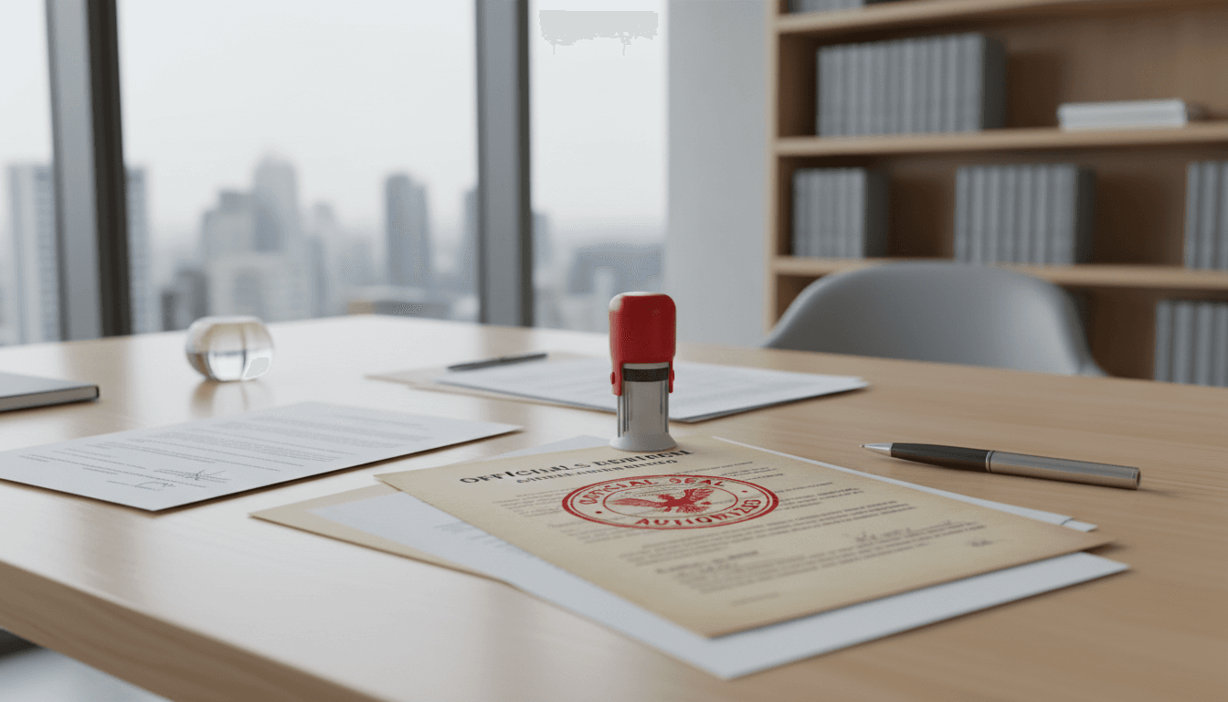 Official documents with a stamp on a clean desk in a professional office