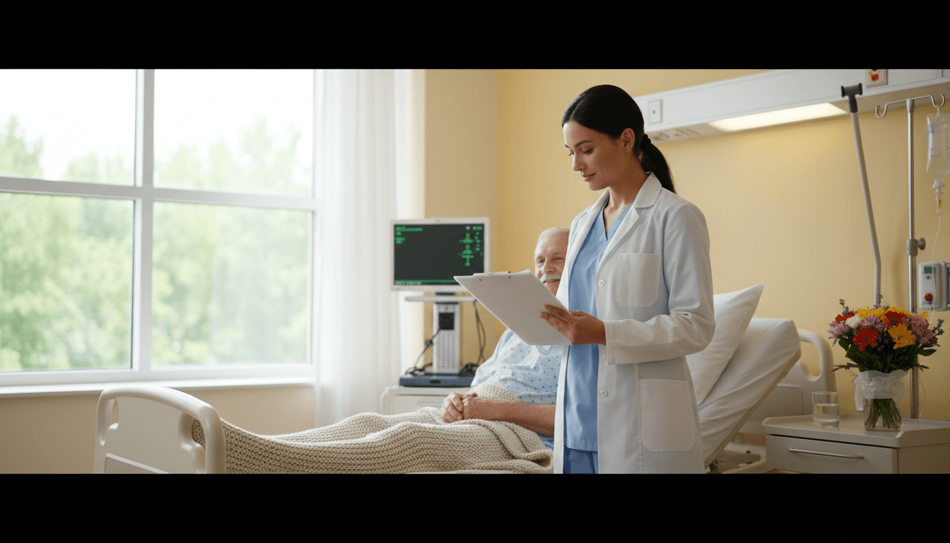 Professional visiting a patient in a bright hospital room with a clipboard