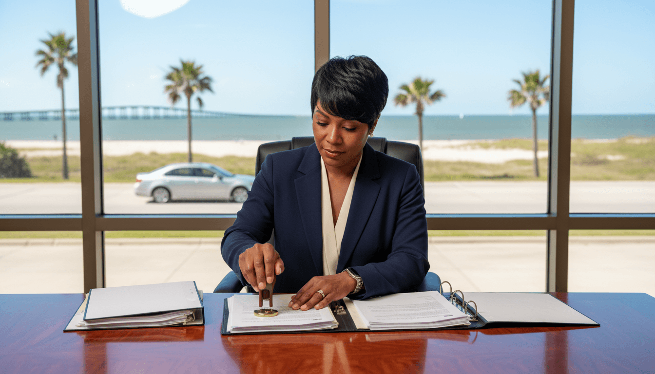 Professional Black female notary stamping documents at a table with a car parked outside.