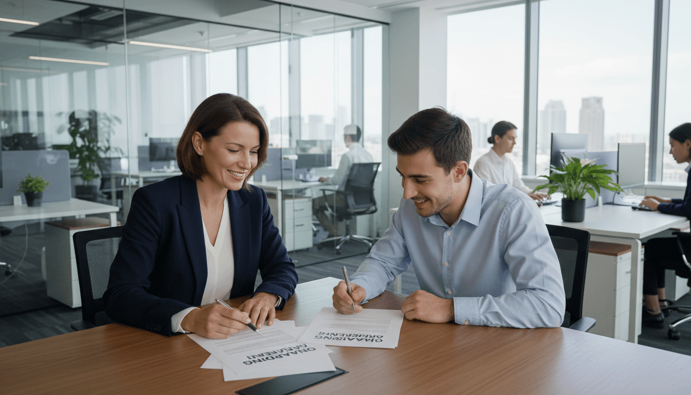 Employer reviewing paperwork with a new employee in a modern office
