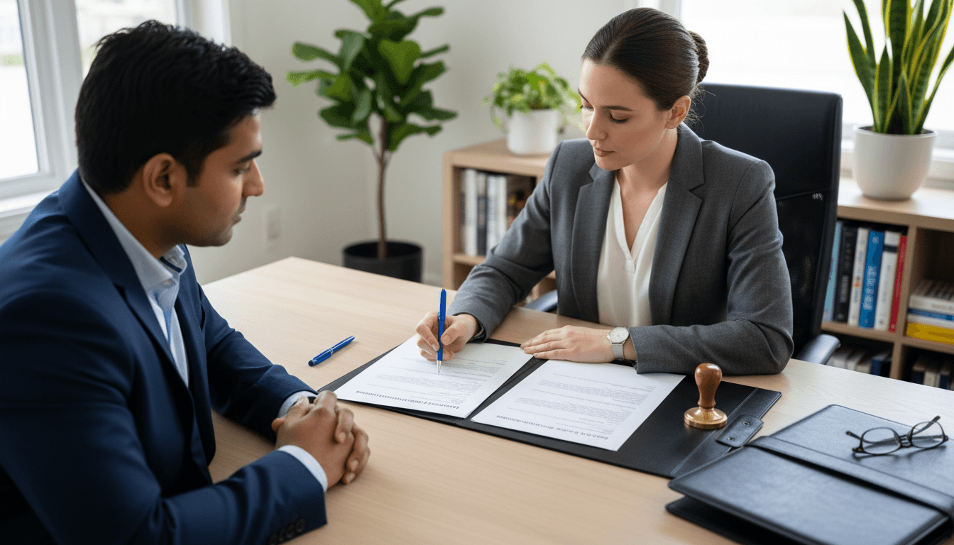 Notary explaining paperwork to a client