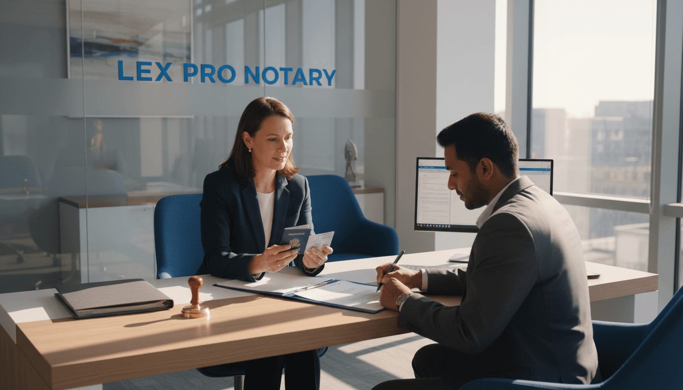 Notary with clipboard meeting a client in a bright office